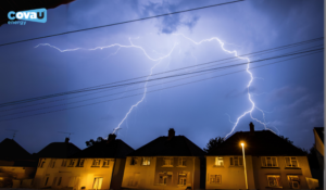 Lightning strike over houses to show preparedness during power outages and emergencies